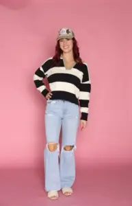 black and cream striped V-neck winter sweater