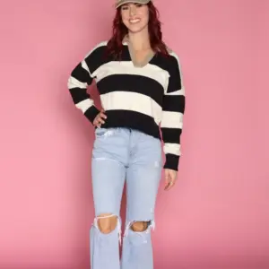 black and cream striped V-neck winter sweater